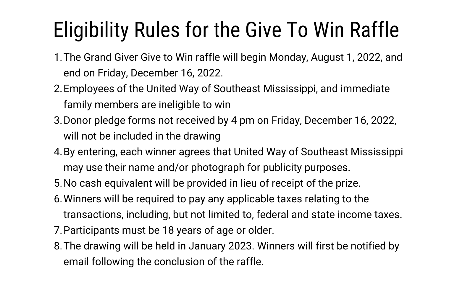 Give To Win Raffle Rules