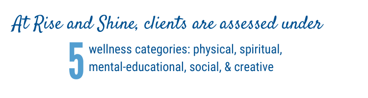 At Rise and Shine, clients are assessed under five wellness categories: physical, spiritual, mental-education, social, and creative